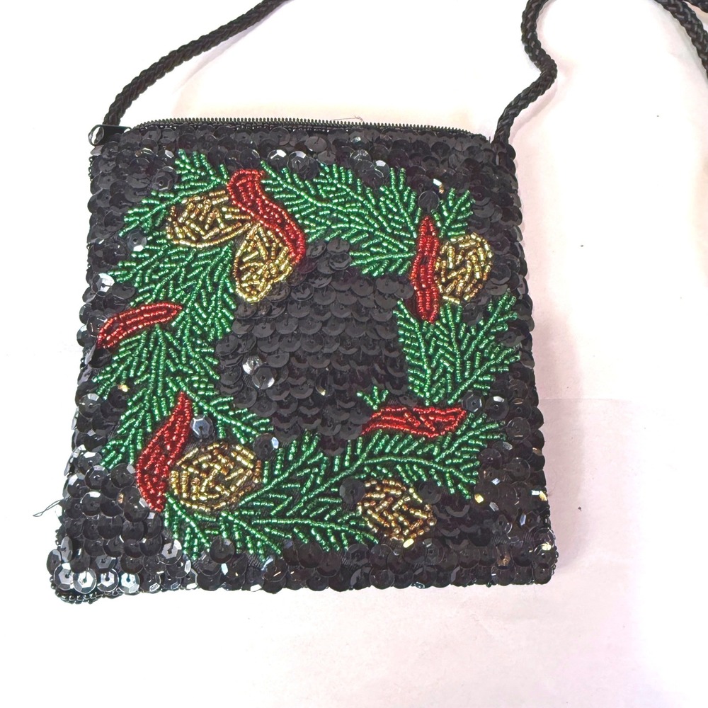 Appleseeds Black Beaded Pinecone‎ Wreath Christmas Holiday Crossbody Bag Purse